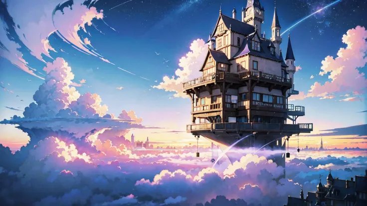 bright painting, Makoto Shinkai, city in the sky, above the clouds, cute house floating magically, building above the clouds, weightless castle in the sky, stairs in the sky, illustration, nostalgic, vivid, background only, bright, fresh, witch in black ro...