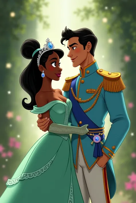 A 2d animated image of Tiana and Prince Naveen In their iconic Disney attire, Tiana dazzles in a beautiful, green gown inspired by a water lily, adorned with intricate floral details and a delicate tiara. Her dress flows elegantly, reflecting her transform...