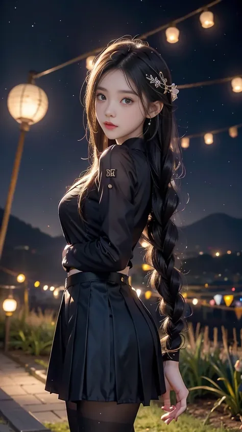 ulzzang-6500-v1.1, (RAW photo: 1.2), (Real photo), (Real photo: 1.4), 1 girl、Perfect anatomy、19 years old、Looking at the camera、Medium length hair、side braids, uniform short skirt, in a surreal royal garden, with many hanging lanterns, under the starry nig...