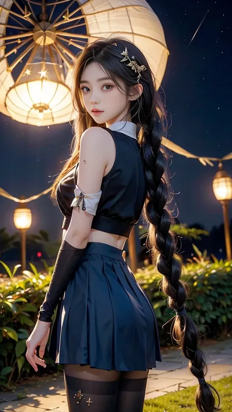 ulzzang-6500-v1.1, (RAW photo: 1.2), (Real photo), (Real photo: 1.4), 1 girl、Perfect anatomy、19 years old、Looking at the camera、Medium length hair、side braids, uniform short skirt, in a surreal royal garden, with many hanging lanterns, under the starry nig...