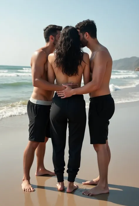 Black wavy hair on the beach, black sweatpants, Barefoot woman. 2 men touching woman&#39;s butt