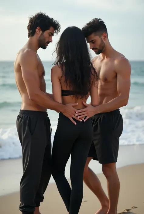 Black wavy hair on the beach, black sweatpants, Barefoot woman. 2 men touching woman&#39;s butt