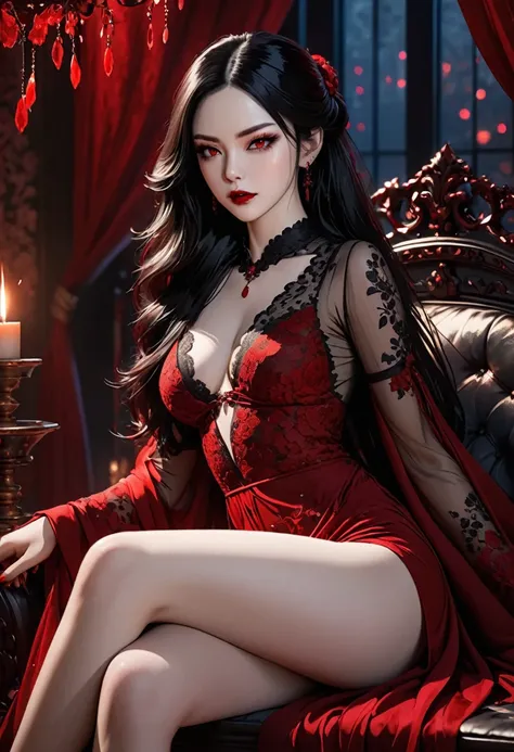 (sitting, crossed legs:1.4),((ultra realistic illustration:1.2)),(dark fantasy:1.4), (seductive). In a ornate bed chamber. Beautiful vampiress. long black hair, red eyes, ((very pale:1.4)), beautifully fit figure, natural perky breasts. Blood red lipstick,...