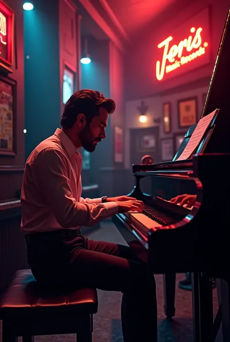 A jazz pianist performing at stage in a dark room..and there is writing JerisMusicRecords". lalaland movie style...dancers are dancing..a musical is happening 