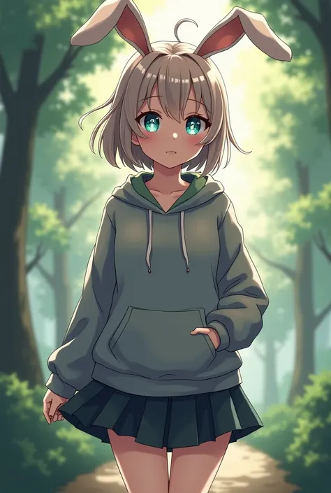 a anime 1girl with rabbit ears wearing a hoodie and a skirt, sparkling eyes, forest background