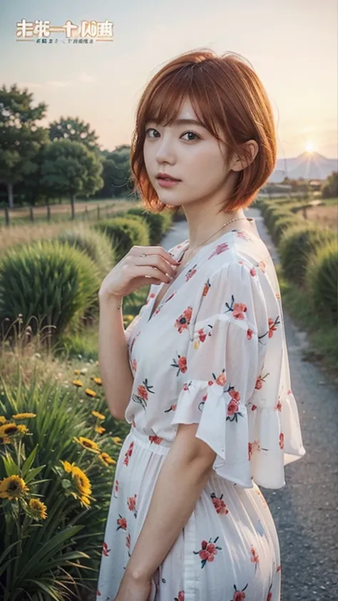 Model actress、One Woman、Singer-songwriter、cool、cute、Japanese and half European、Bright orange hair colour、short hair、Sunset landscape、Country Road、summer、CD cover