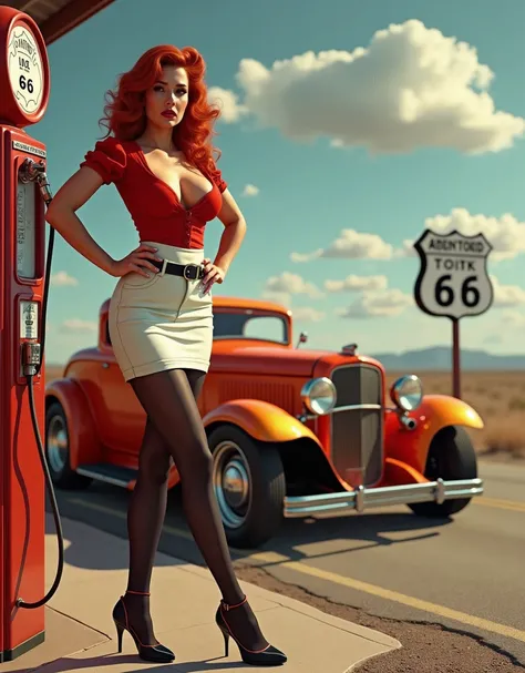 Wide-angle shot of a sizzling 1950s scene: a ravishing redheaded pin-up girl stands provocatively by a vintage gas pump at a full-service station on Americas iconic Route 66. Her luscious locks are styled in a nostalgic 50s pin-up art flair, accentuating h...