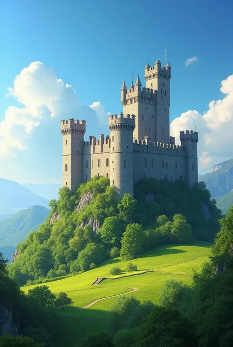 An imposing castle perched atop a lush green hill. Ao fundo, A clear blue sky with some fluffy white clouds. Sunlight illuminates the castle, creating soft shadows that highlight its structure. 