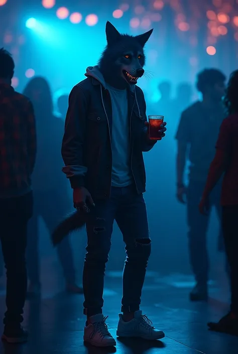 a wolf in college clothes, He is wearing a more casual outfit for a dark Halloween-themed party., he has a drink in his hand, in the background there is a dance floor, The air is gloomy,  the reference color is blue