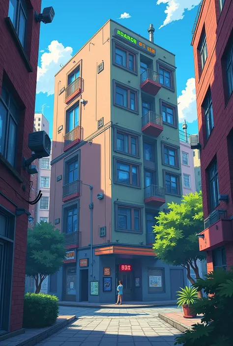 Create an image of a secret base seen from the outside, but the base is a building, in anime version.