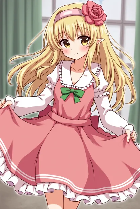 2d anime, girl , elf, hair rose, withe dress