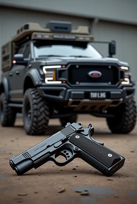 A military Harley Davidson wallpaper image, black ford ranger and a colt .45 gun