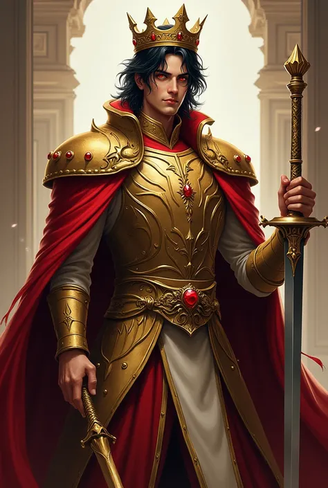 male, black hair, Red eyes, Golden and magnificent crown prince&#39;s robe, In his right hand he holds a scepter, Sword in left hand, languid eyes.