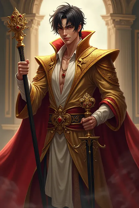 male, black hair, Red eyes, Golden and magnificent crown prince&#39;s robe, In his right hand he holds a scepter, Sword in left hand, languid eyes, sexy 30s