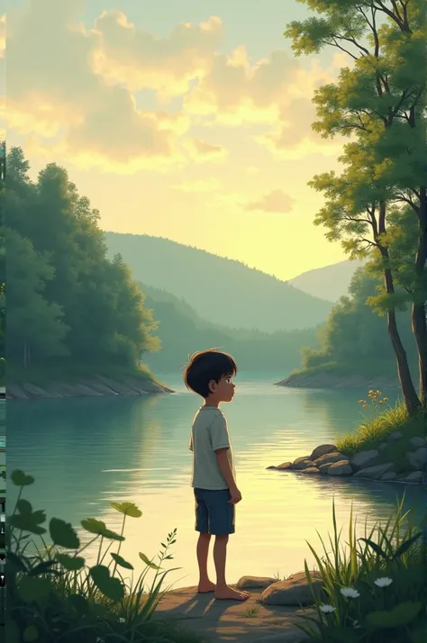 A boy standing at the bank of a river in evening 