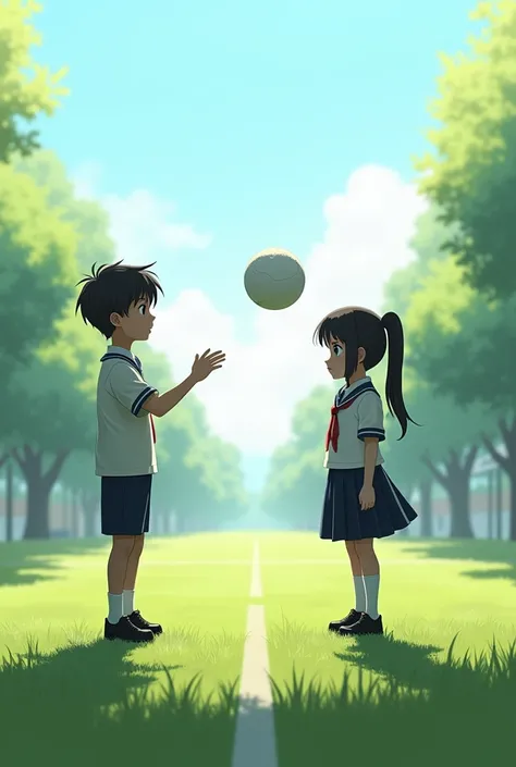 A boy was standing far away from  the girl giving catch to  girl in school ground both are in uniform but the ball hit the girls forehead they both have same heights 
