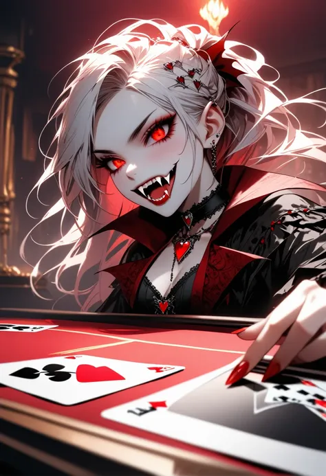 a portrait of a vampire playing poker game of cards, holding cards ((cards not shown:1.5)) blood dripping from the cards drippin...