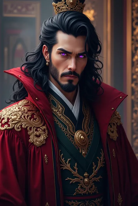 male, black hair, purple eyes, emperor, languid eyes, 30s, bust, decadent look