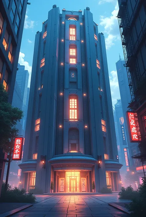 Create an image of a secret base seen from the outside, but the base is a building, in anime version. Write "Official Novel Fanbook", I want it to be a cover for a book