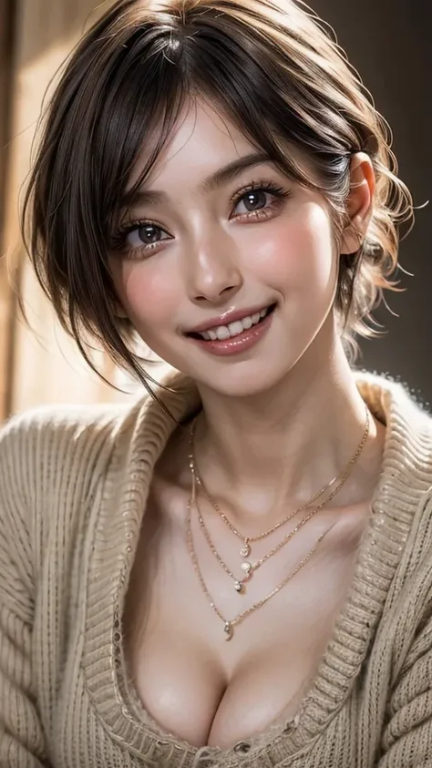 ((Beautiful Face:1.4)), (Purelos Face_v1: 1.0), (Highest quality, 8k, 32K, masterpiece, Ultra-high resolution:1.2),Beautiful Japanese Women Photos, Large Breasts, Very short bob hair,Upper Body,(Extra Large_sweater,:1.2) necklace, Simple Background, Look a...