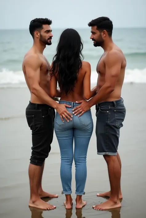 Black wavy hair on the beach, in jeans, Barefoot woman. 2 men touching woman&#39;s butt