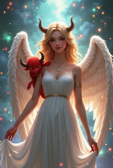 A small red devil flies behind a peaceful female angel in the front looking towards the recipient. This Small cute Devil whispers in the ear of an female majestic angel. 

In the background rages a fight with a lot of magic spells and rainbow colorful effe...