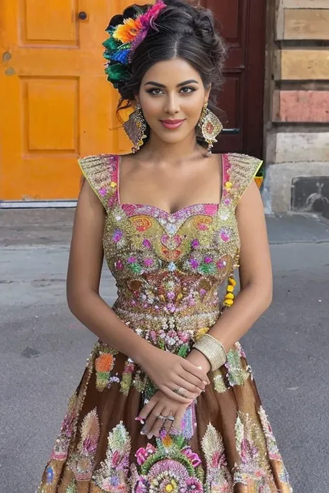 a close up of a woman in a colorful dress posing for a picture, beautiful costume, orange and yellow costume, colorful dress, be...