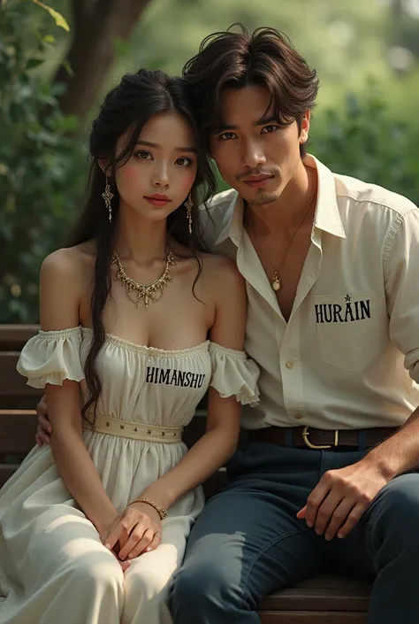 A beautiful girl whose name is HIMANSHU written on her clothes And A handsome boy whose name is HURAIN written on his clothes. or both of them are looking towards the front or are sitting on the bench.