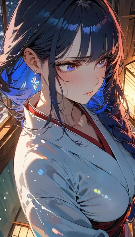 nsfw,snow woman、beautiful dark blue hair,big breasts、long hair,yuki onna,cool look,white kimono,(high quality),(red eyes,perfect...