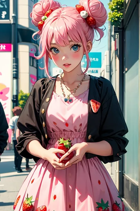 1 girl solo, ((strawberry)), pink hair buns, curly hair, cute dress, harajuku street fashion, decora fashion, beads and charms, many accessories, strawberry theme clothes, ,Kawaii, cute, pretty, anime, pastel, neon