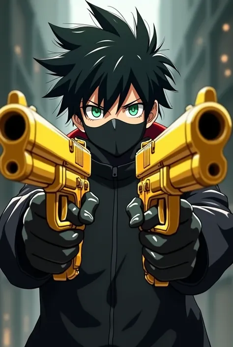 Anime style boy with black hair, green eyes, a black face mask and two golden guns