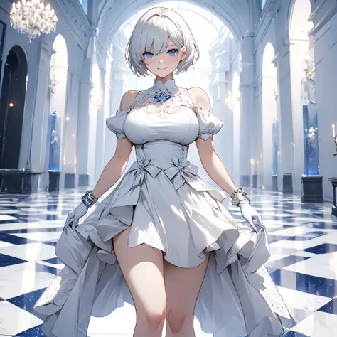 nier automata, yorha no.2 type b, wearing luxurious white dress, white heels, white crystal bracelet, white hair, short hair, bl...