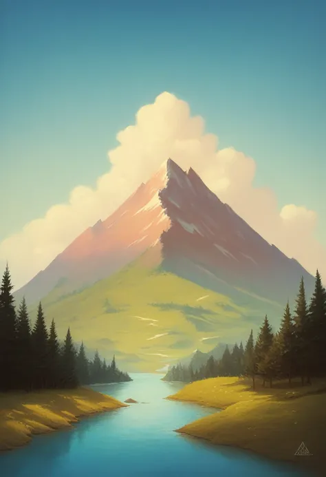 impressive painting of a mountain with trees and water, a detailed painting by Petros Afshar, shutterstock contest winner, environmental art, detailed painting, outlined art, 2d game art, isolated background for logo, strong contours, logo design
