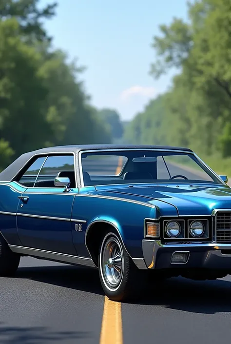 1971 Ford LTD car in dark blue color full hd with road dimension in the background more real