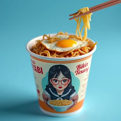 Sterofom cup：Boiled noodles topped with fried onions, salt and pepper, sunny side up egg，Capital letter cup says "MIEYABI" and medium letter says "Bikin" "Tegang", and a cup with a picture of a beautiful Indonesian woman, extra big jumbo fat body, donning ...