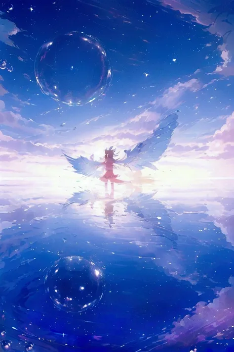 ((Girl floating in the starry sky))、((Multiple Bubbles))、((Beautiful girl in the middle))、((The girl has very big wings))、((The girl closes her eyes and smiles gently))、((She peers into the water at her feet))Water mirror、