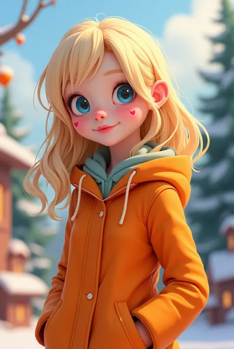 Young adult blonde with blue eyes, White skin and pink spots on her skin in the shape of a heart, wears an orange parka. Animation style