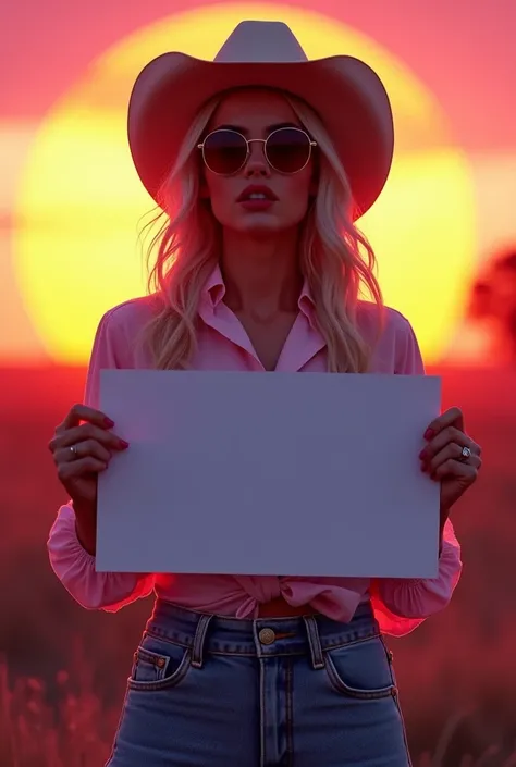 Cowgirl holding a blank banner Amish clothing shirt oversized pants Stunning eyes Stunning face Creamy hair Gorgeous hair Cowgirl outfit Stunning clothes Charming colours Amazing colors Very detailed and beautiful Sun background Sun glasses With her nerdy ...