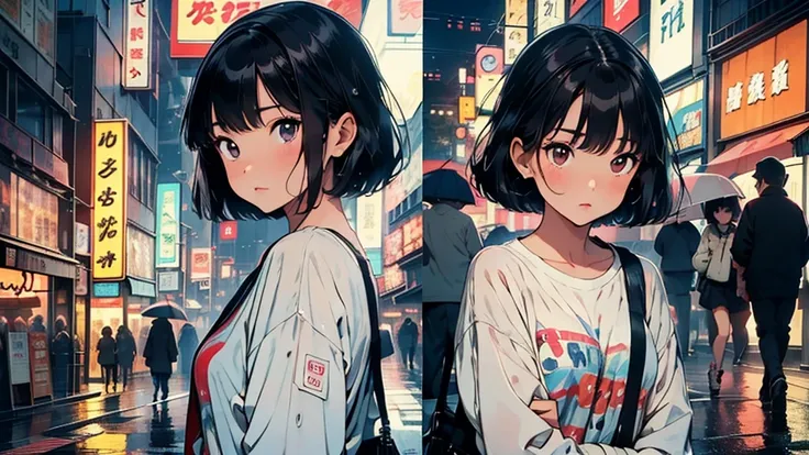 masterpiece, Highest quality, A girl walking down a rainy Tokyo street, short hair,holding an umbrella, with neon signs reflecting on the wet pavement, lyco art, a manga drawing, by Satoshi Kon, lofi hip hop, wlop : :, ukiyo, ukiyo-style, yukito kishiro.