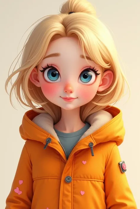 Young adult blonde with blue eyes, White skin and pink spots on her skin in the shape of a heart, wears an orange parka. Animation style