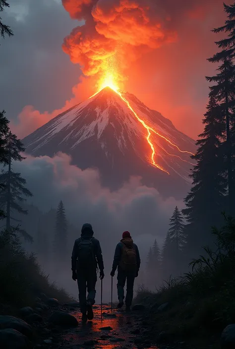 Two explorer walking in the jungle, when they see a raging volcano., at midnight Afrika mountain 