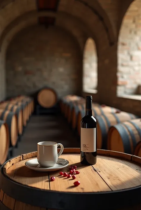 photo realistic image, rustic cellar, realistic image for decorative frame use, use cup, wine bottle, oak barrels, clean environment and within context