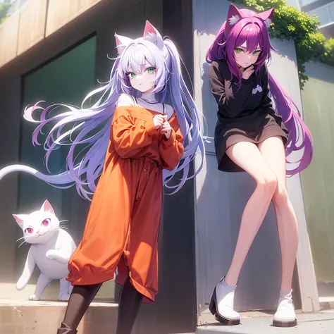 Animated female cat character has white skin purple hair long hair and green eyes.
Wear a casual style.
He has orange boots that reach his knees..
The character has cat ears on top of his head and a 3d white tail.