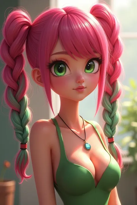 Animated girl Two braids Pink and green hair Very sensual