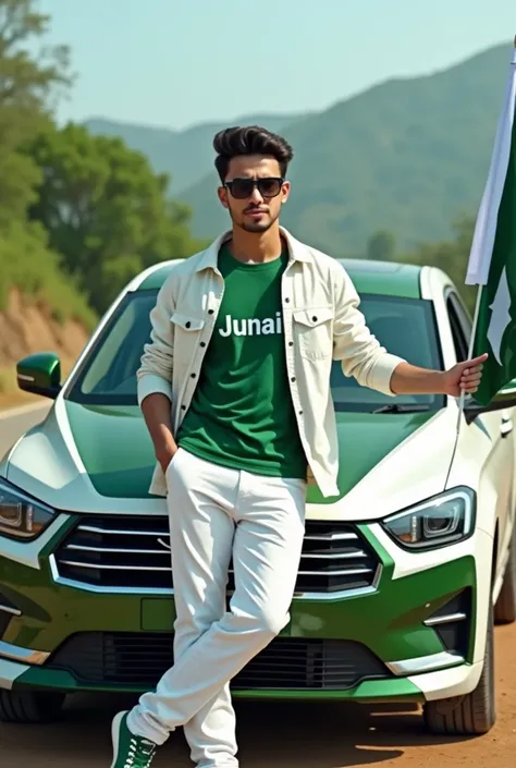 Create an Real image featuring a 25 year white boy
standing with the hood of a white and green new car having side view,with Pakistan’s scenic background. He’s holding a big flag celebrating Pakistan’s 14th August. The boy wears a green T-shirt with ‘Junai...