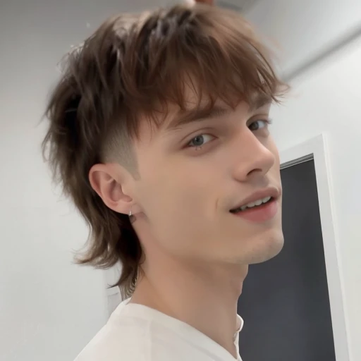 Boy with porcelain and smooth skin, He looks seriously at the camera while smiling slightly, Her hair is short and her skin is white, bad boy look, handsome and elegant, reddish hair while her skin is bright and striking, similar to Thomas Doherty