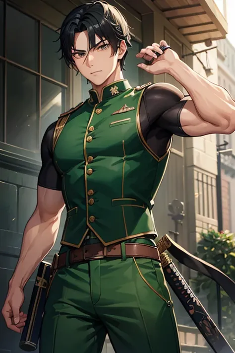 man in his 30s asian slim build muscles open military uniform green vest military print green pants black hair black eyes dark skin tattoo holding a katana