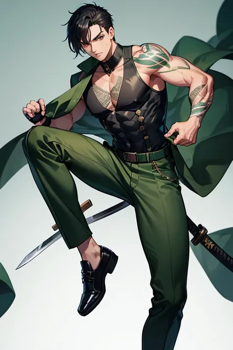 man in his 30s asian slim build muscles open military uniform green vest military print green pants black hair black eyes dark skin tattoo holding a katana