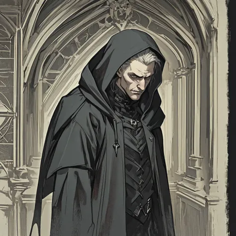 Gothic illustration, in a dark room a man in a black coat and hood, don&#39;t show your face too much