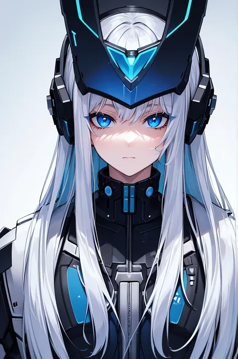 a girl with long white hair and beautiful detailed blue eyes, cyberpunk outfit, staring upwards, plain white background, (best q...